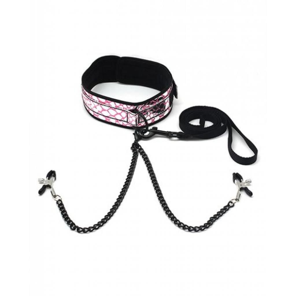 Spartacus Faux Leather Collar and Leash Set with Pink Nipple Clamps