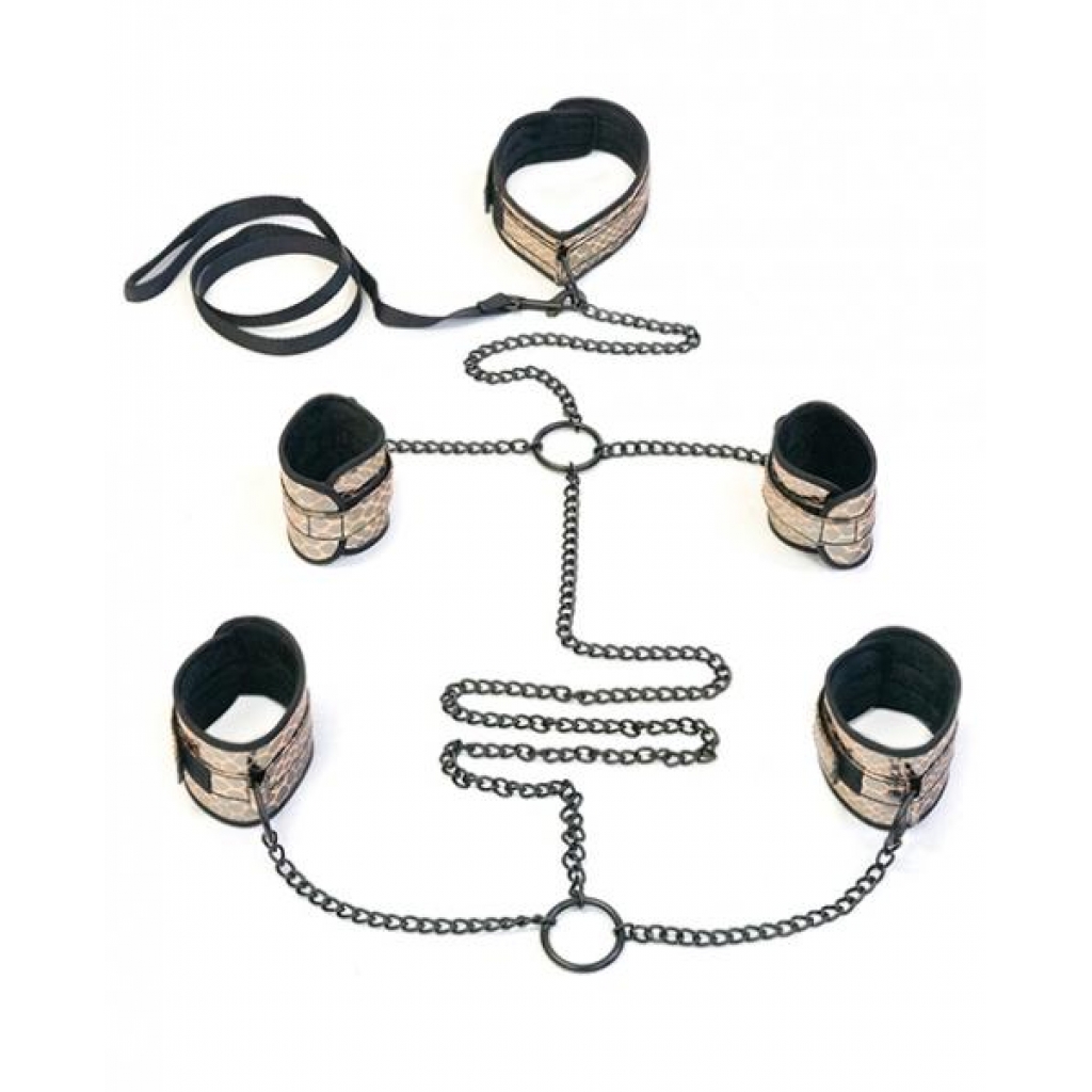 Faux Leather Collar, Wrist, Ankle Restraints & Leash Bondage Kit - Luxury Bondage