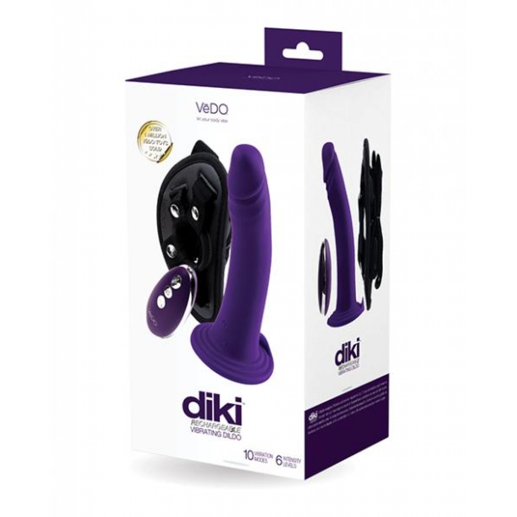 Vedo Diki Rechargeable Vibrating Dildo with Harness - Deep Purple