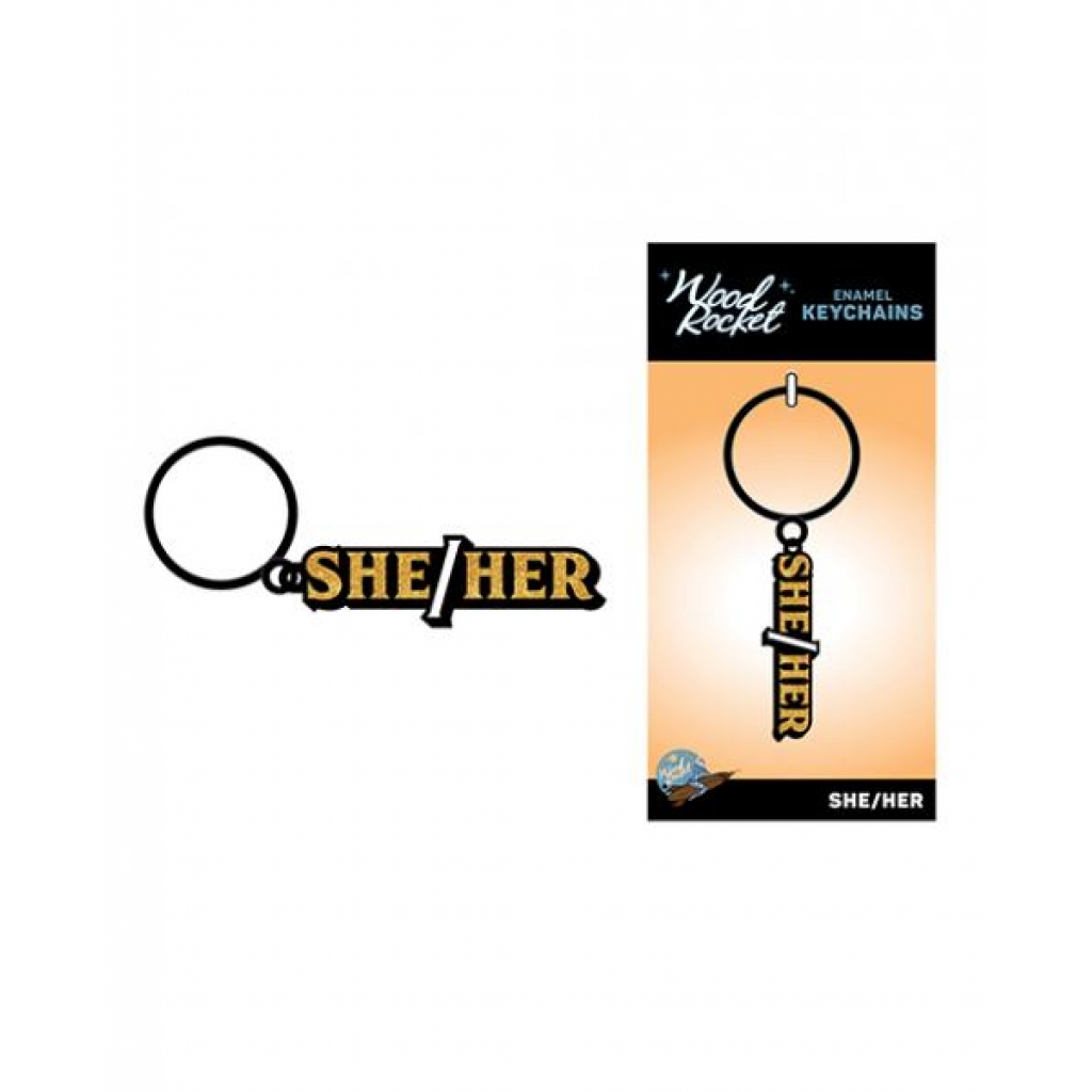 Wood Rocket She/Her Keychain: Stylish Pronoun Display