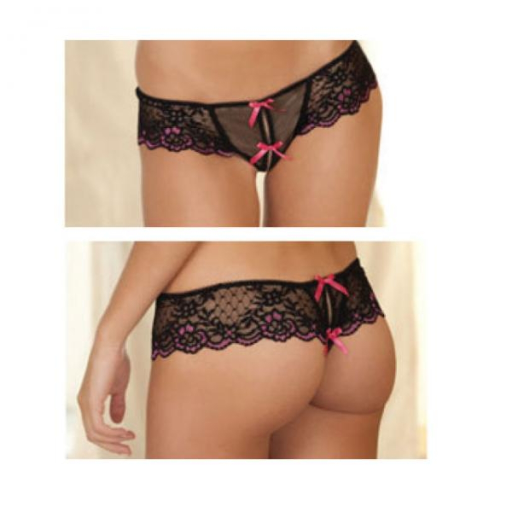 Chic Crotchless Lace Thong with Bows in Black - M/L