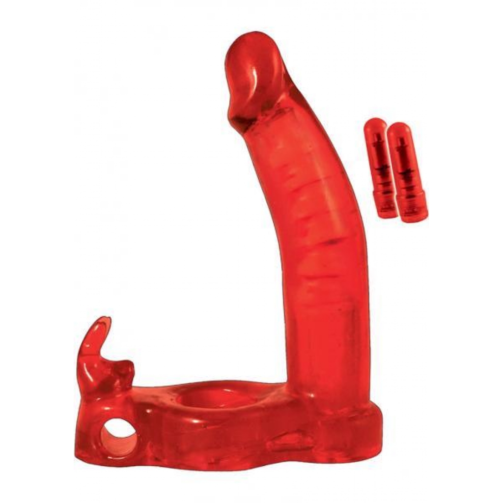 Double Penetrator Rabbit Cockring - Vibrating Waterproof Red