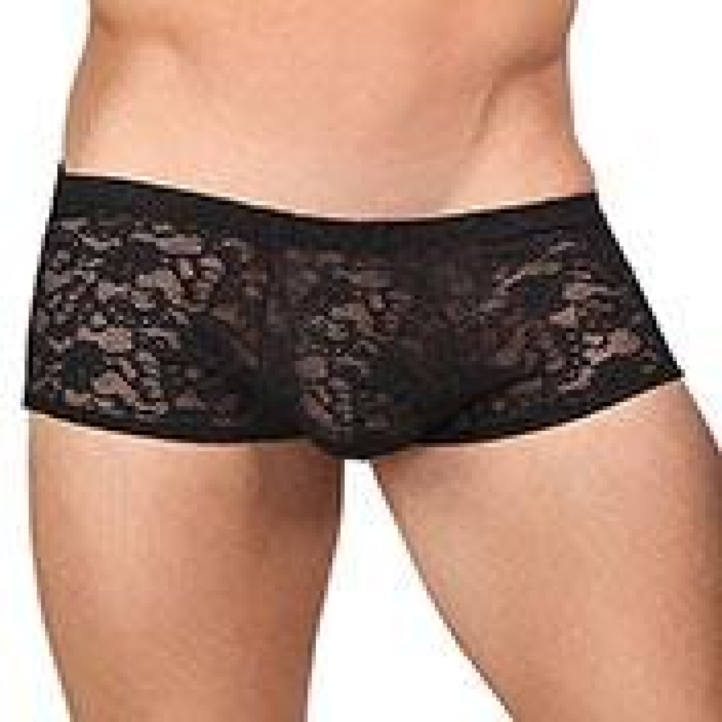 Male Power Stretch Lace Mini Short (Black, Small)