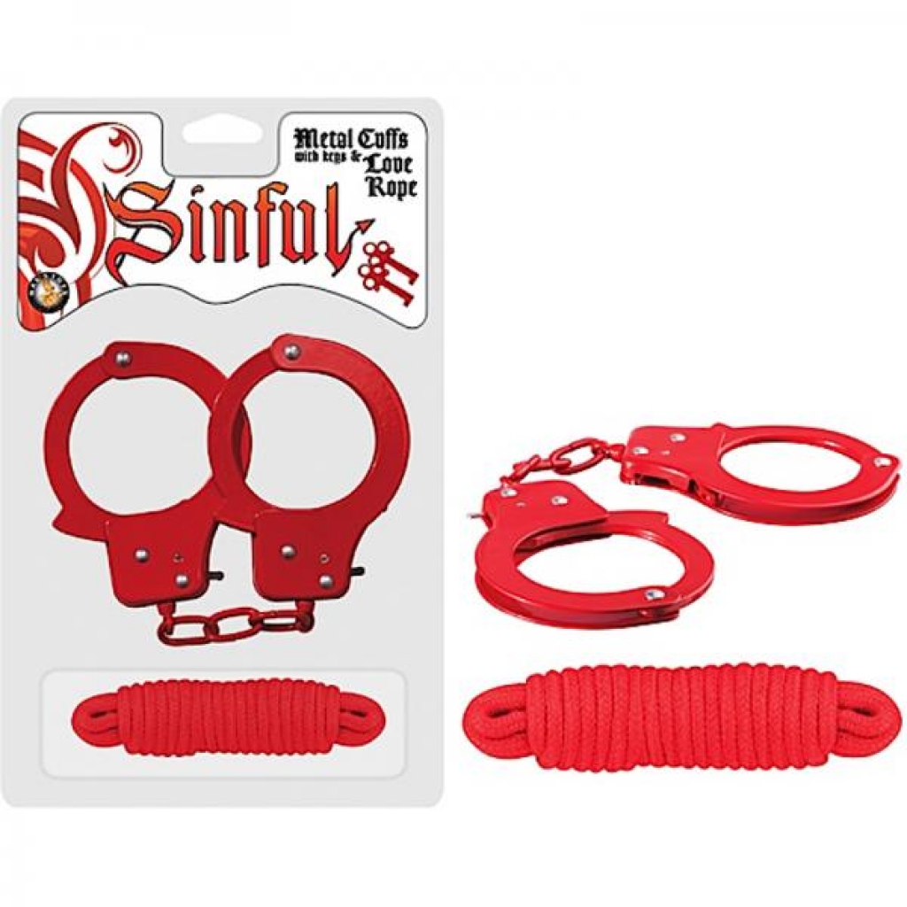 Sinful Metal Cuffs W/keys & Love Rope Red - Nasstoys