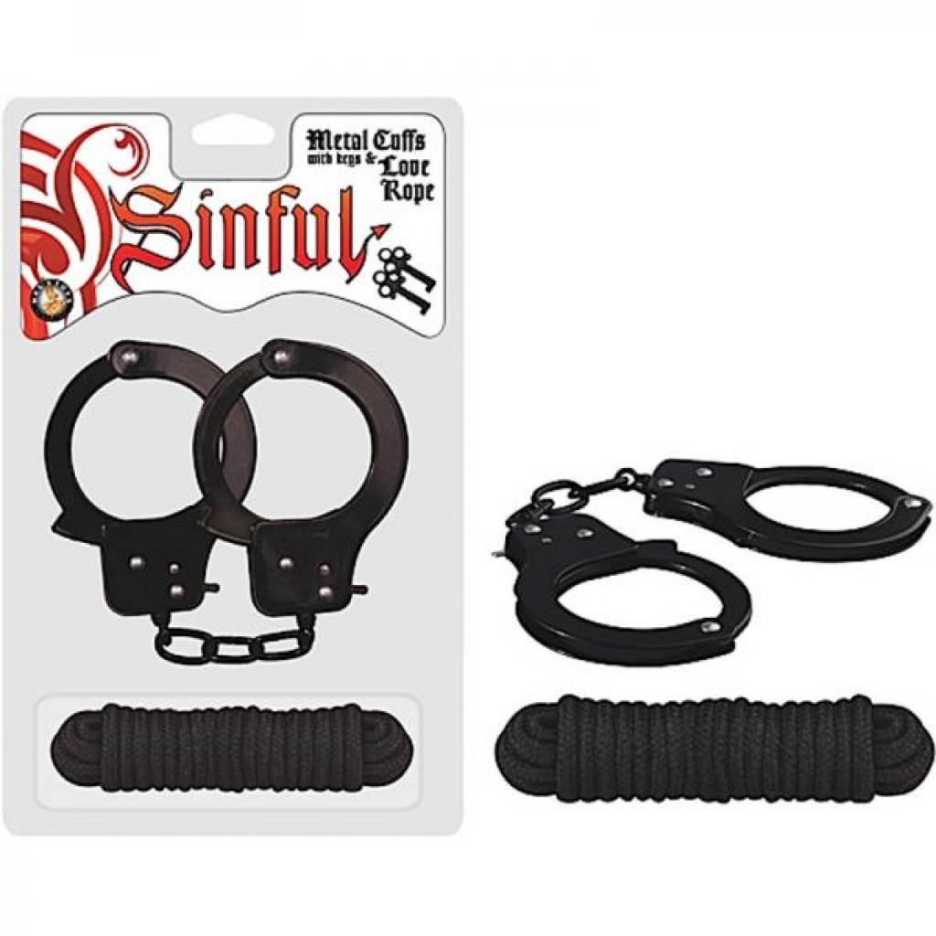 Sinful Metal Cuffs with Keys and Love Rope - Black