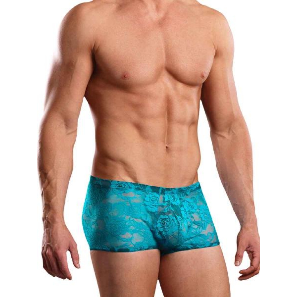 Male Power Mini Shorts - Neon Lace Turquoise Small