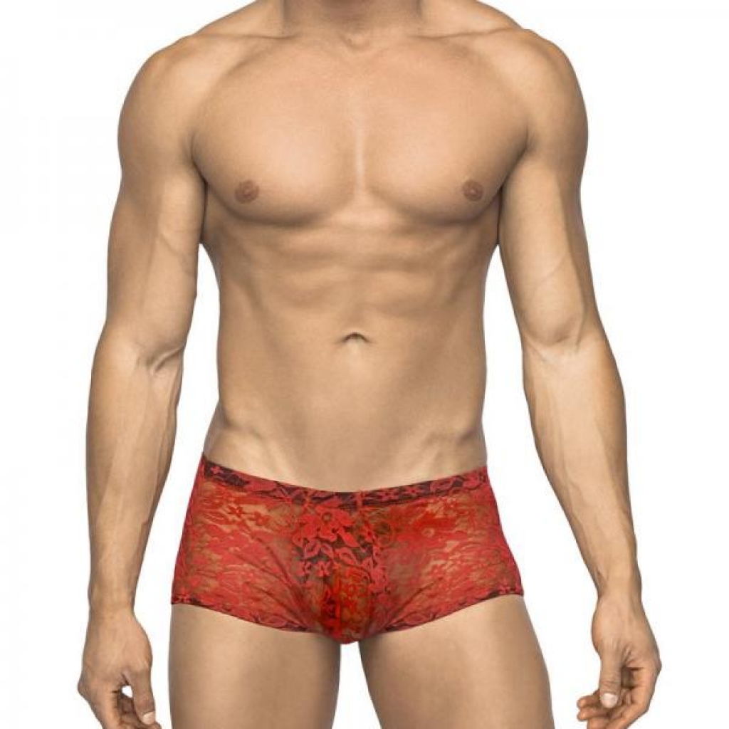 Male Power Stretch Lace Mini Short - Red Small