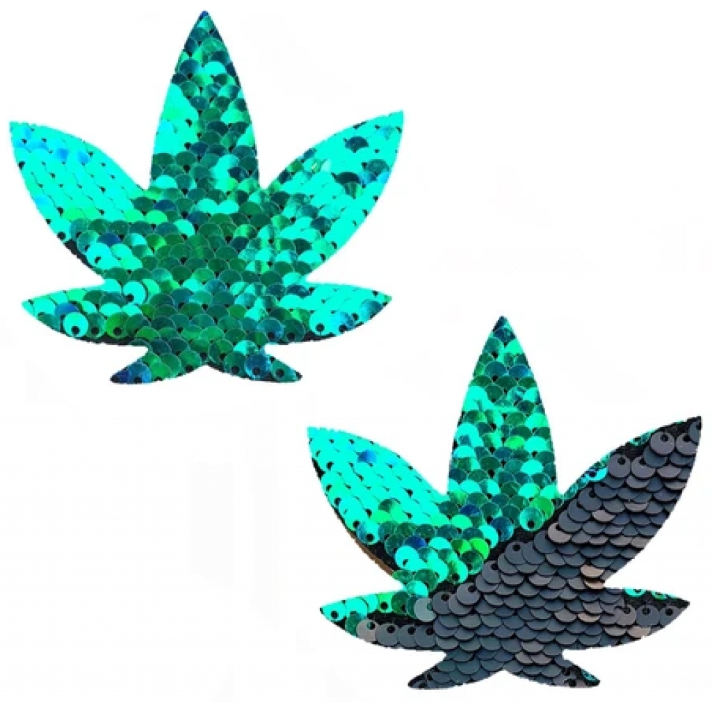 Neva Nude Pasties - Pot Leaf Sequin Green to Black