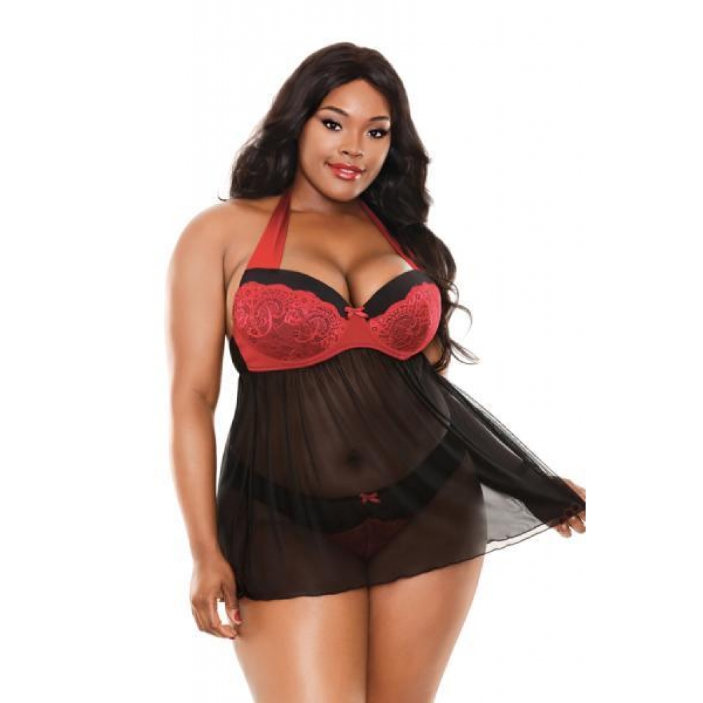 Sophia Halter Babydoll & Panty Set - Black and Red (3X/4X)