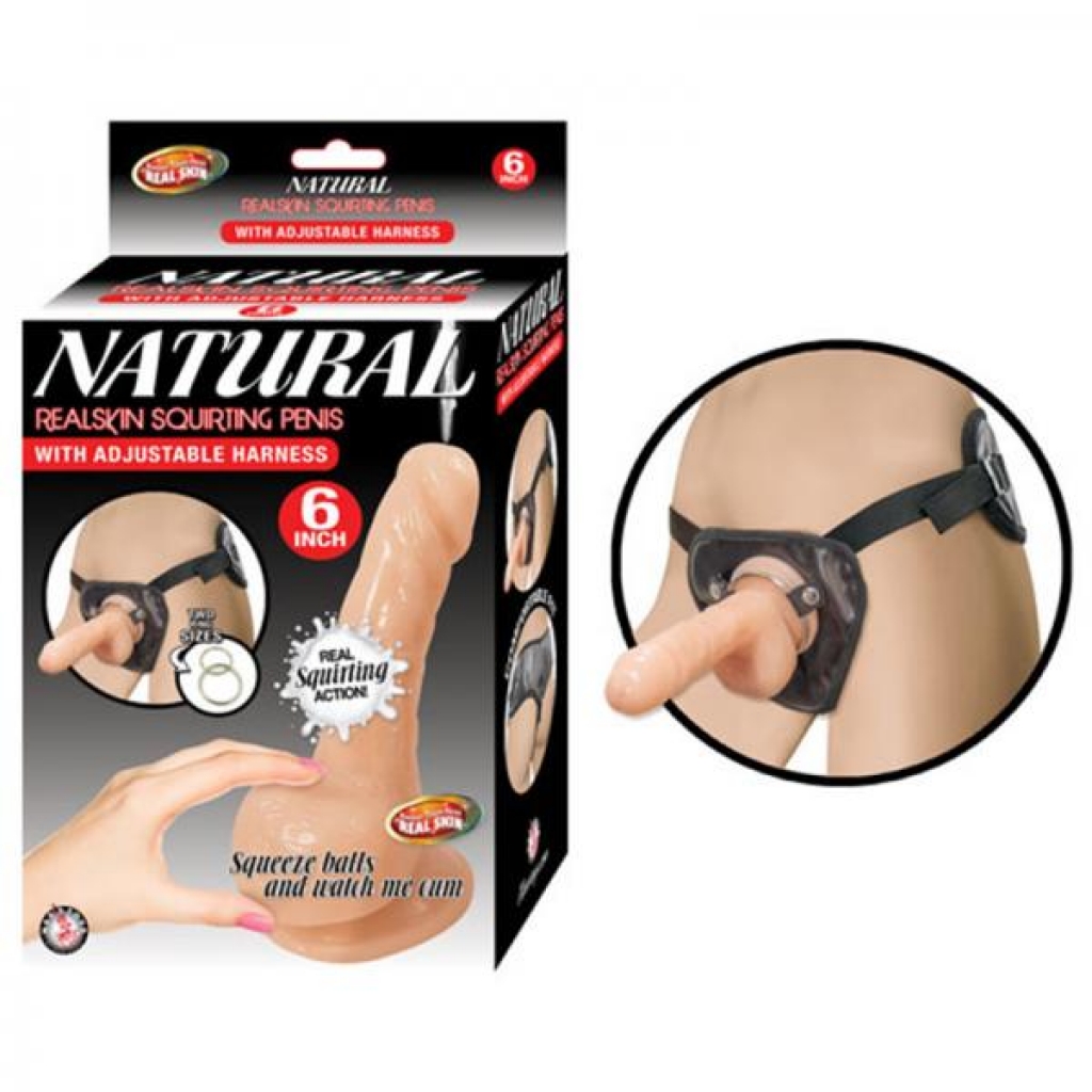 Natural Realskin Squirting Penis W/adjustable Harness 6in Flesh - Nasstoys