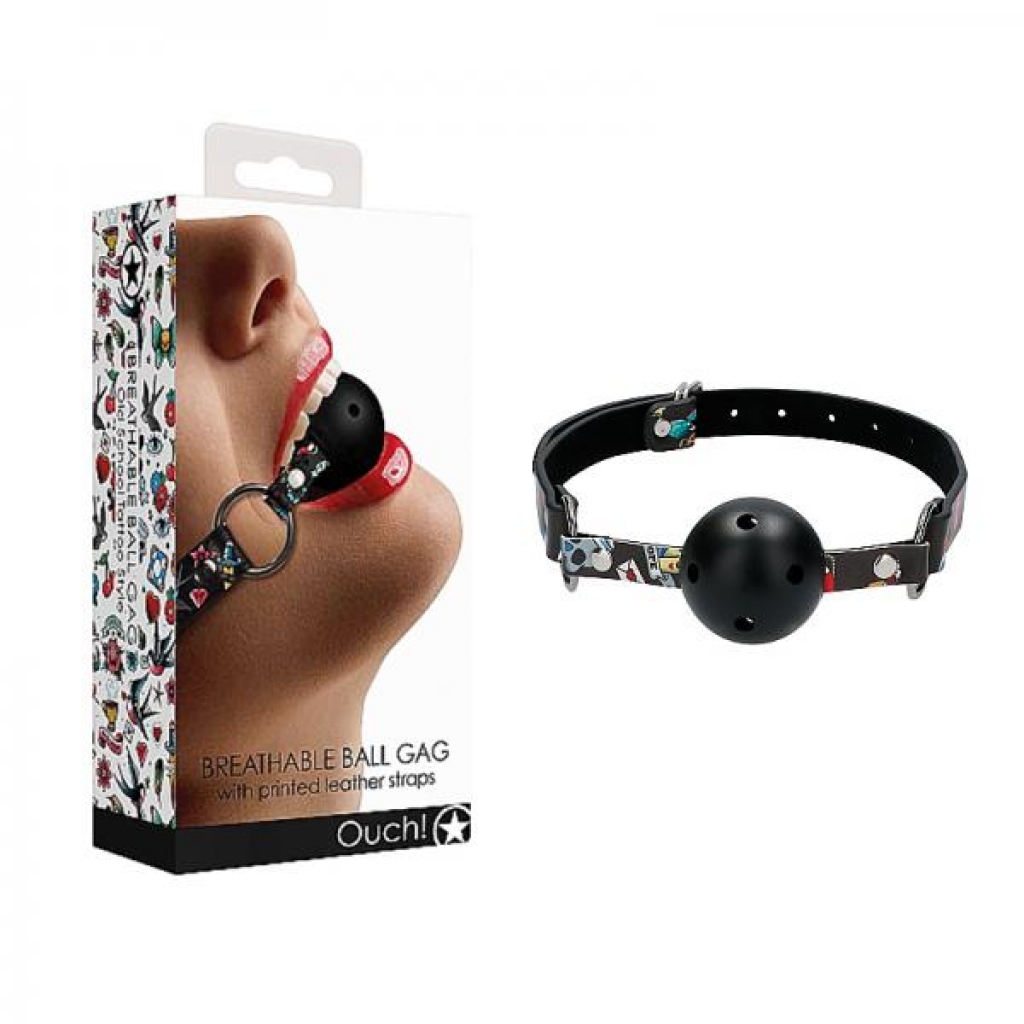 Ouch! Old School Tattoo Printed Breathable Ball Gag - Shots