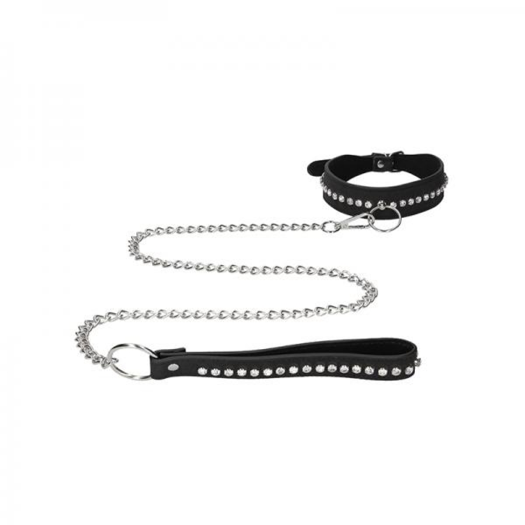 Ouch Diamond Studded Collar With Leash - Black - Shots