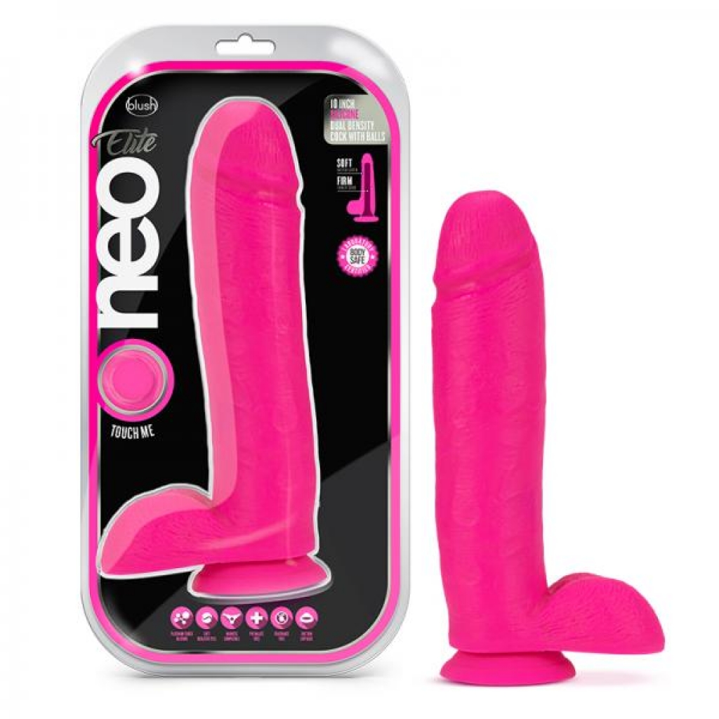 Neo Elite - 10-inch Silicone Dual-density Cock With Balls - Neon Pink