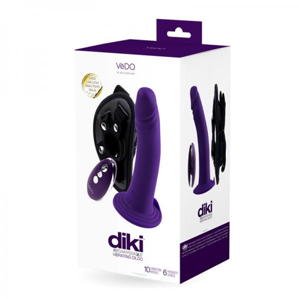 Vedo Diki Rechargeable Vibrating Dildo With Harness - Deep Purple