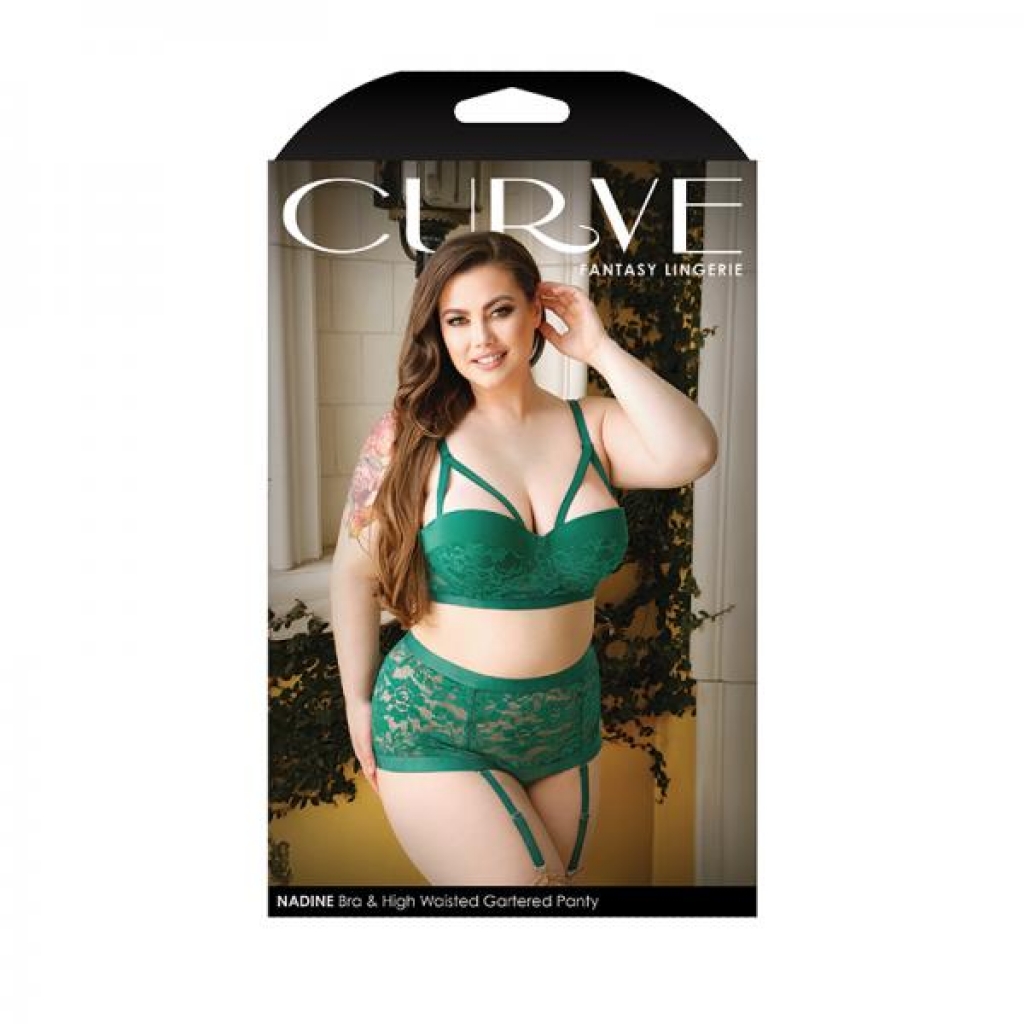 Curve Nadine Longline Contour Cup Bra & High Waist Panty With Removable Garters Emerald 1x/2x - Fantasy Lingerie