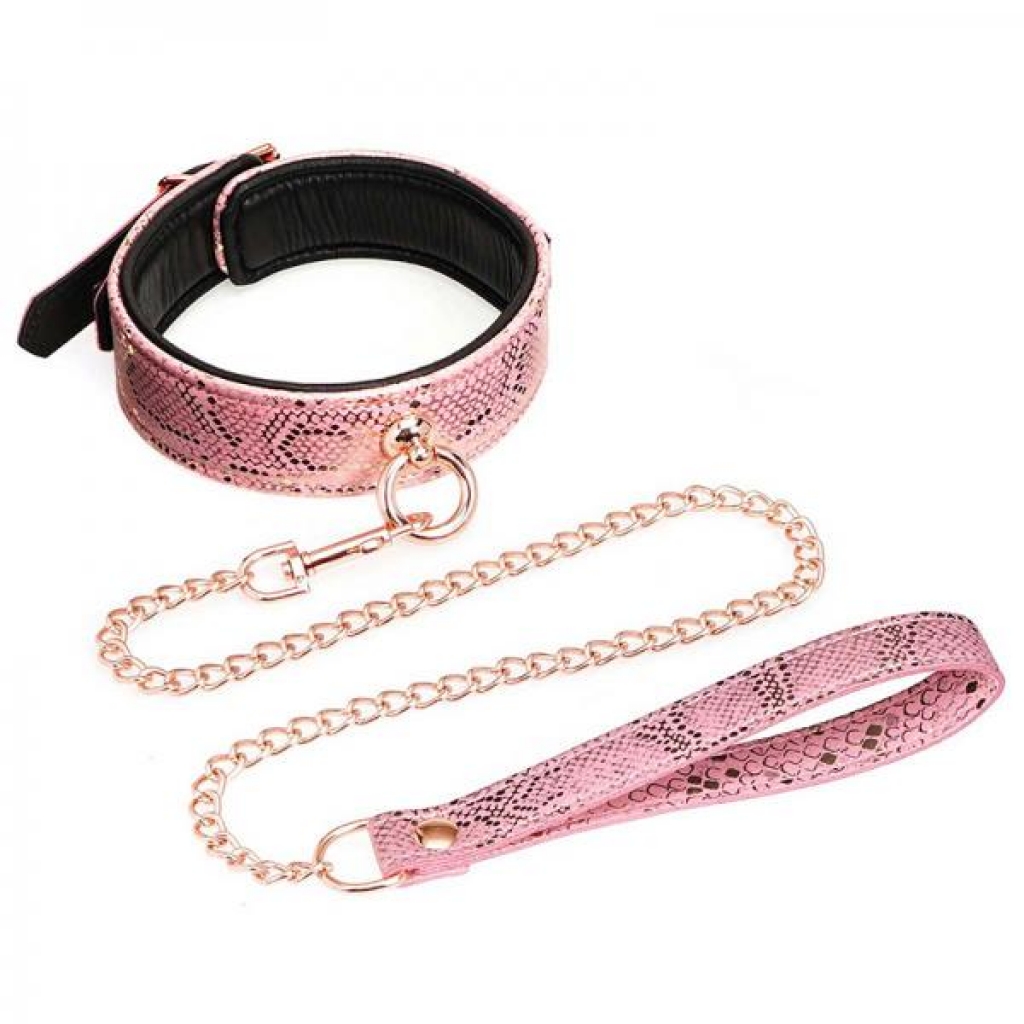 Pink Snake Print Microfiber Collar and Leash with Leather Lining