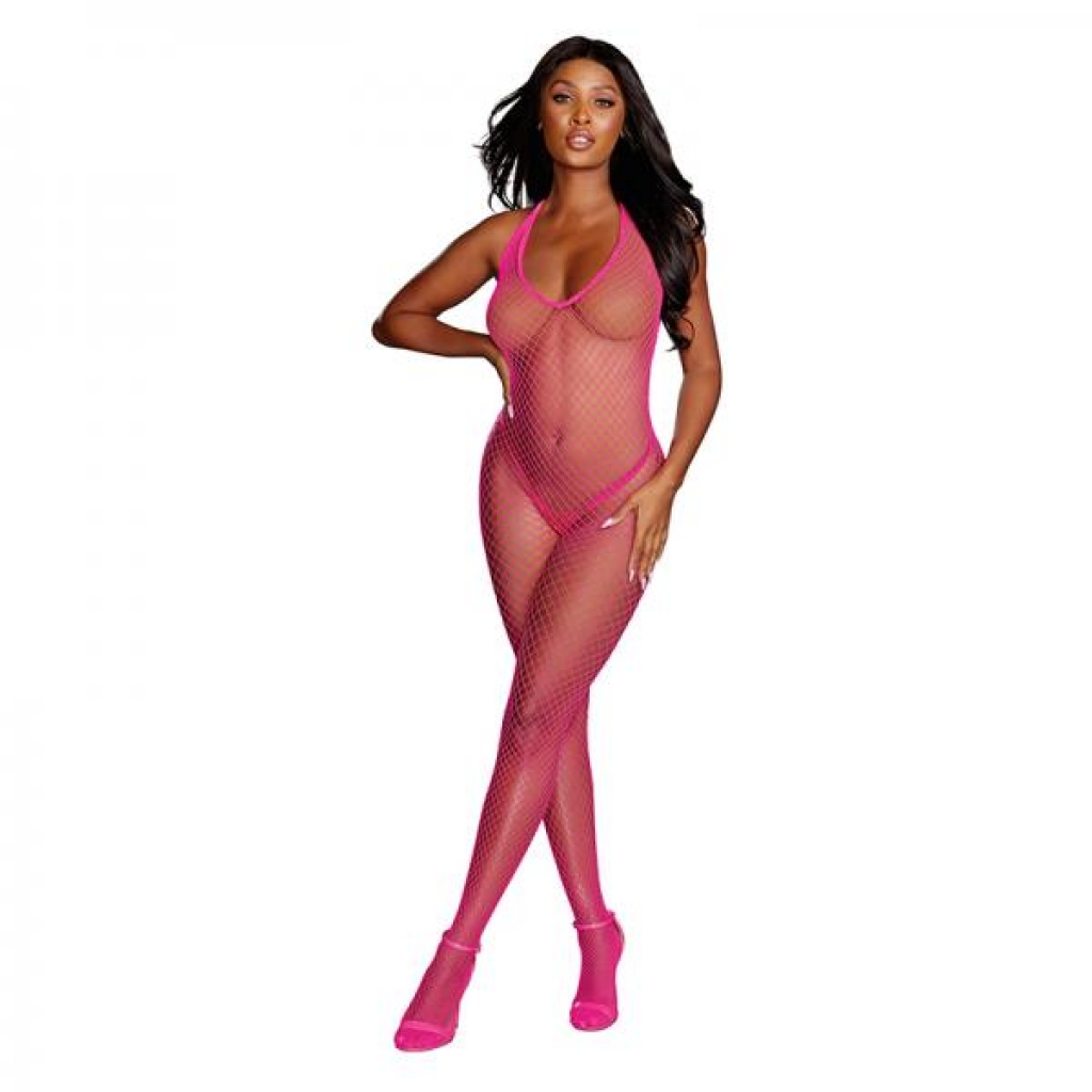 Dreamgirl Diamond-net Halter Bodystocking With Open Crotch Neon Pink Os - Dreamgirl
