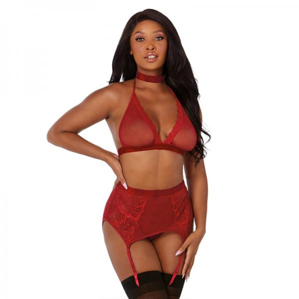 Dreamgirl Fishnet and Lace Four-Piece Set with Velvet Trim - Garnet