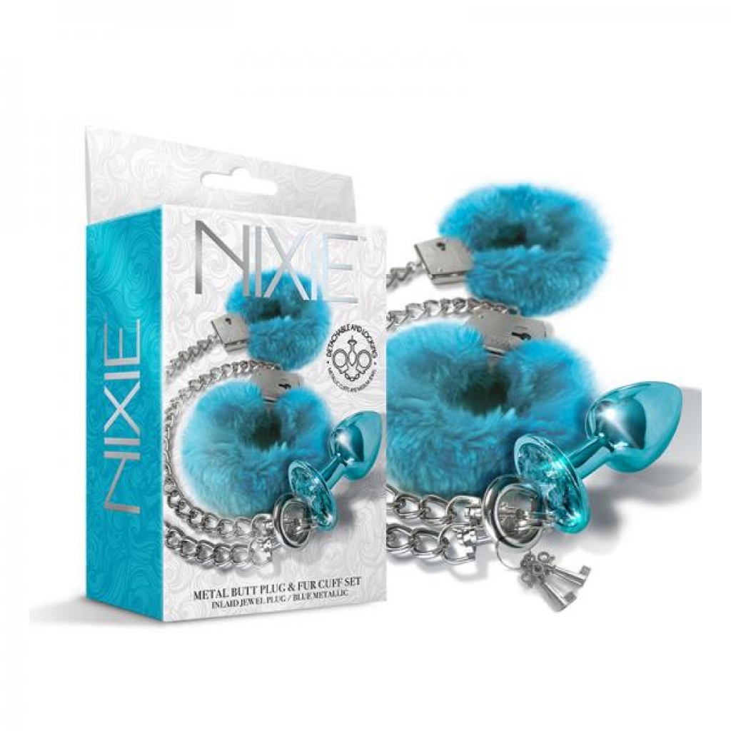 Nixie Metal Butt Plug & Furry Handcuff Set Mediumblue Metallic - Global Novelties Llc