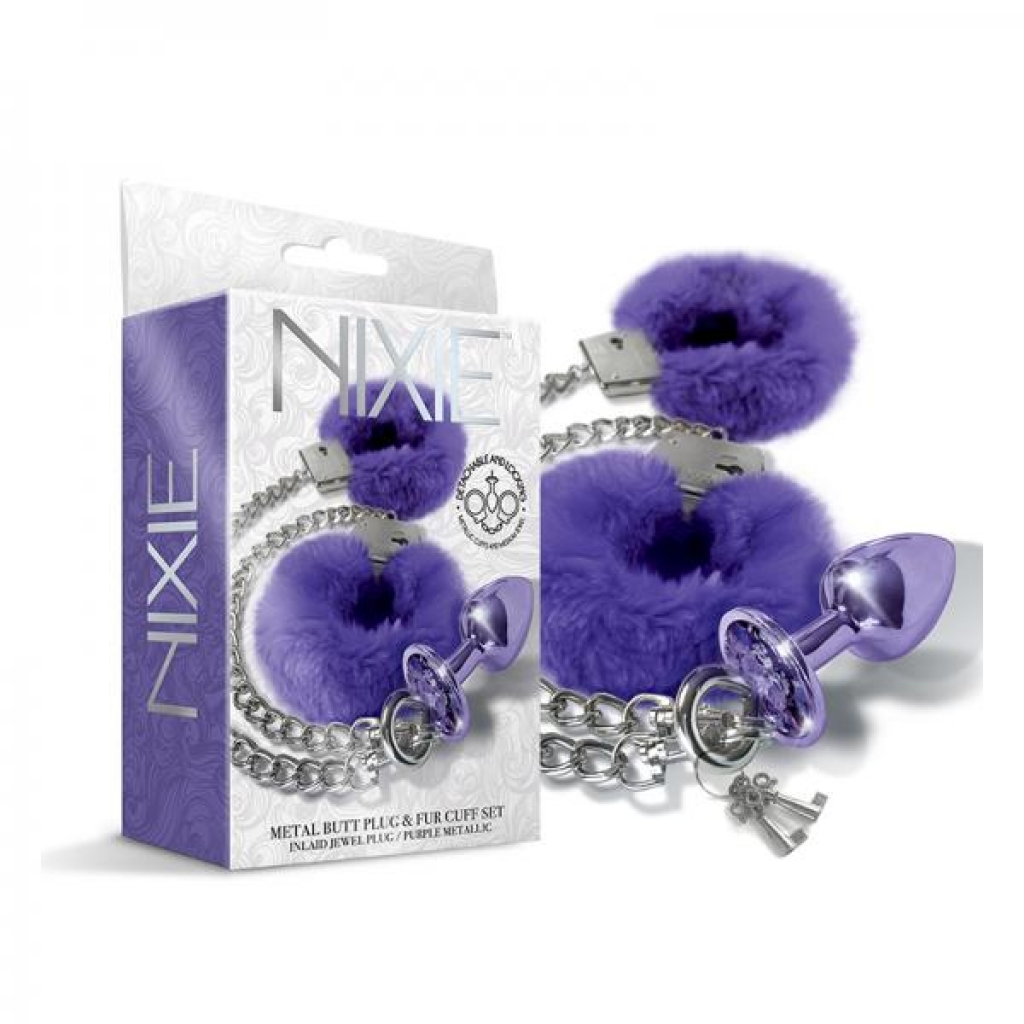 Nixie Metal Butt Plug & Furry Handcuff Set Medium Purple Metallic - Global Novelties Llc