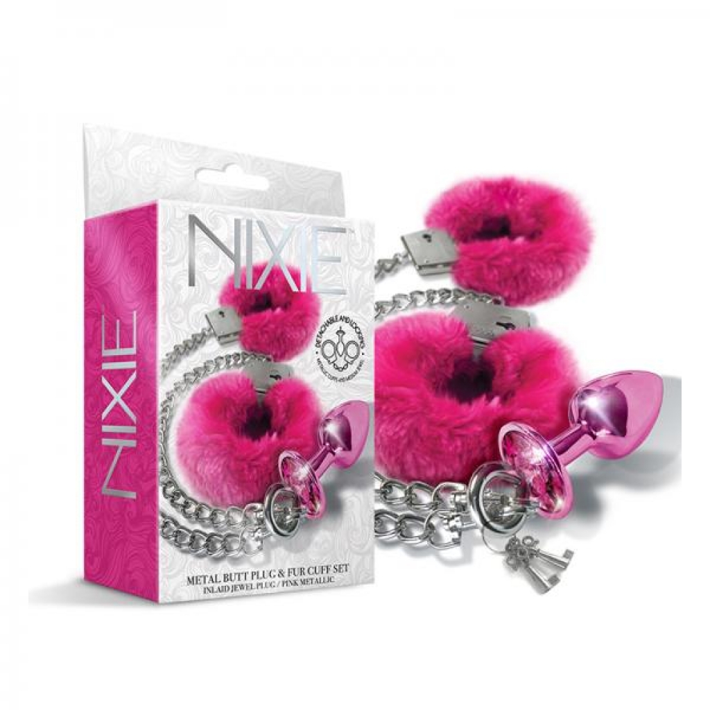 Nixie Metal Butt Plug & Furry Handcuff Set Medium Pink Metallic - Global Novelties Llc