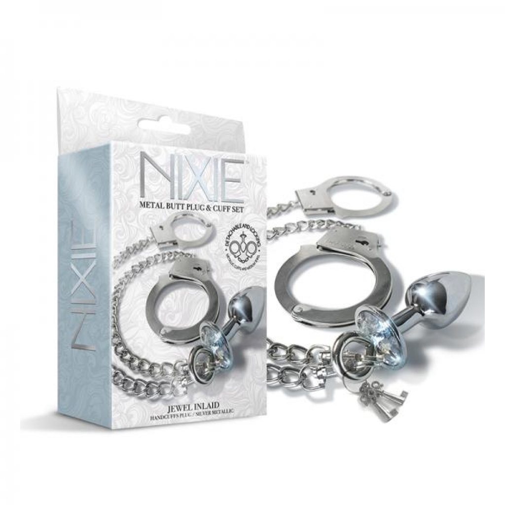 Nixie Metal Butt Plug & Handcuffs Set Silver - Global Novelties Llc