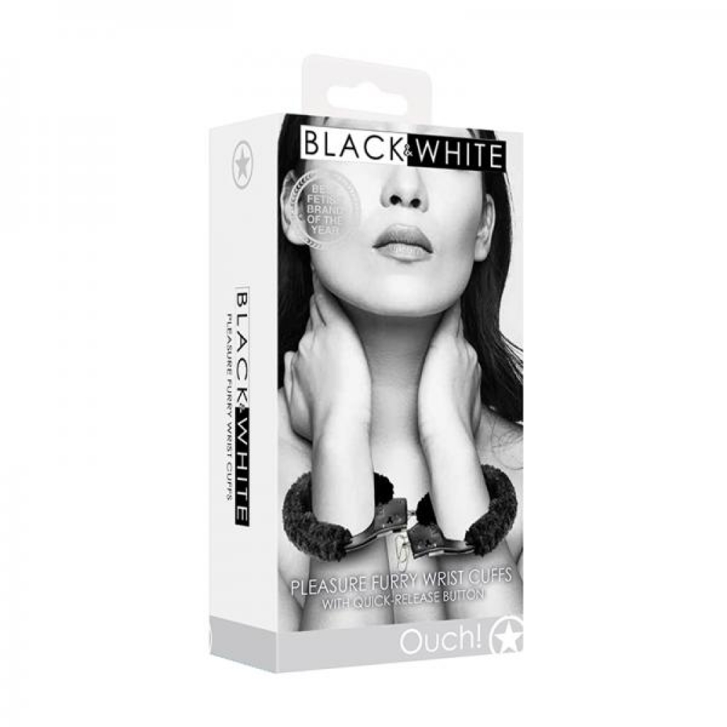 Ouch! Black & White Beginner Pleasure Furry Wrist Cuffs With Quick-release Button - Shots America Llc