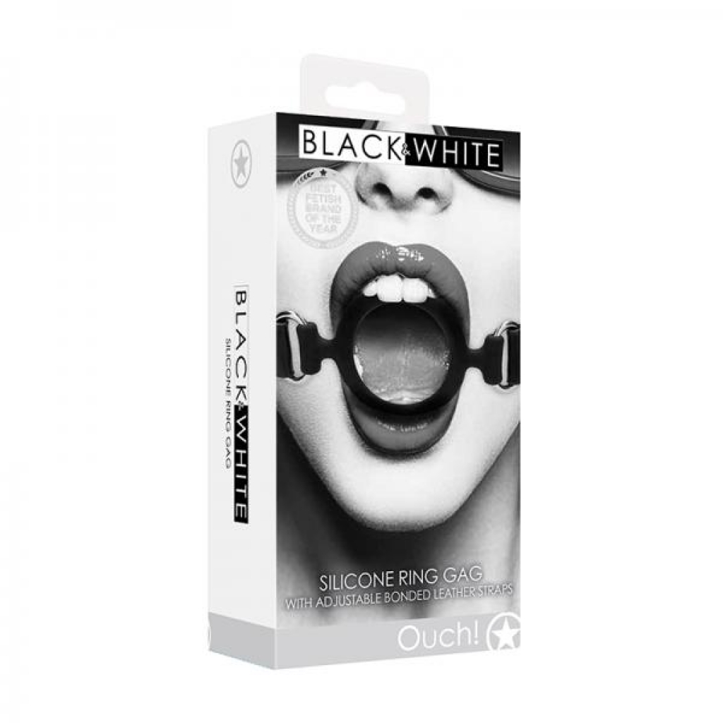 Ouch! Black & White Silicone Ring Gag With Adjustable Bonded Leather Straps - Black