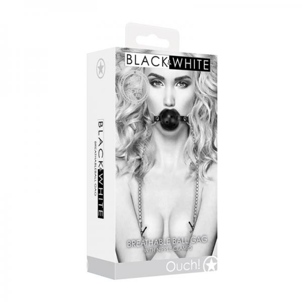 Ouch! Black & White Breathable Ball Gag With Nipple Clamps Black - Shots America Llc