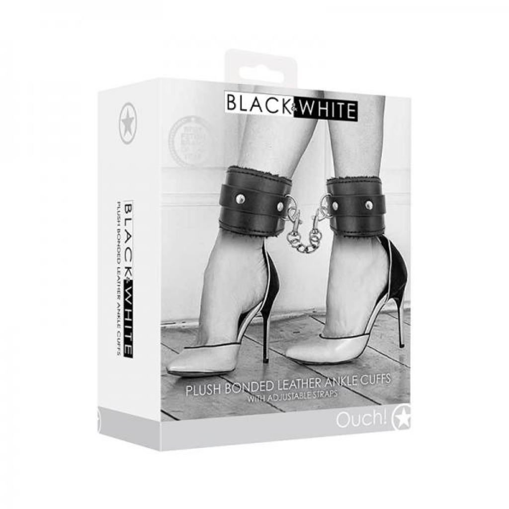 Ouch! Black & White Plush Bonded Leather Ankle Cuffs With Adjustable Straps Black - Shots America Llc