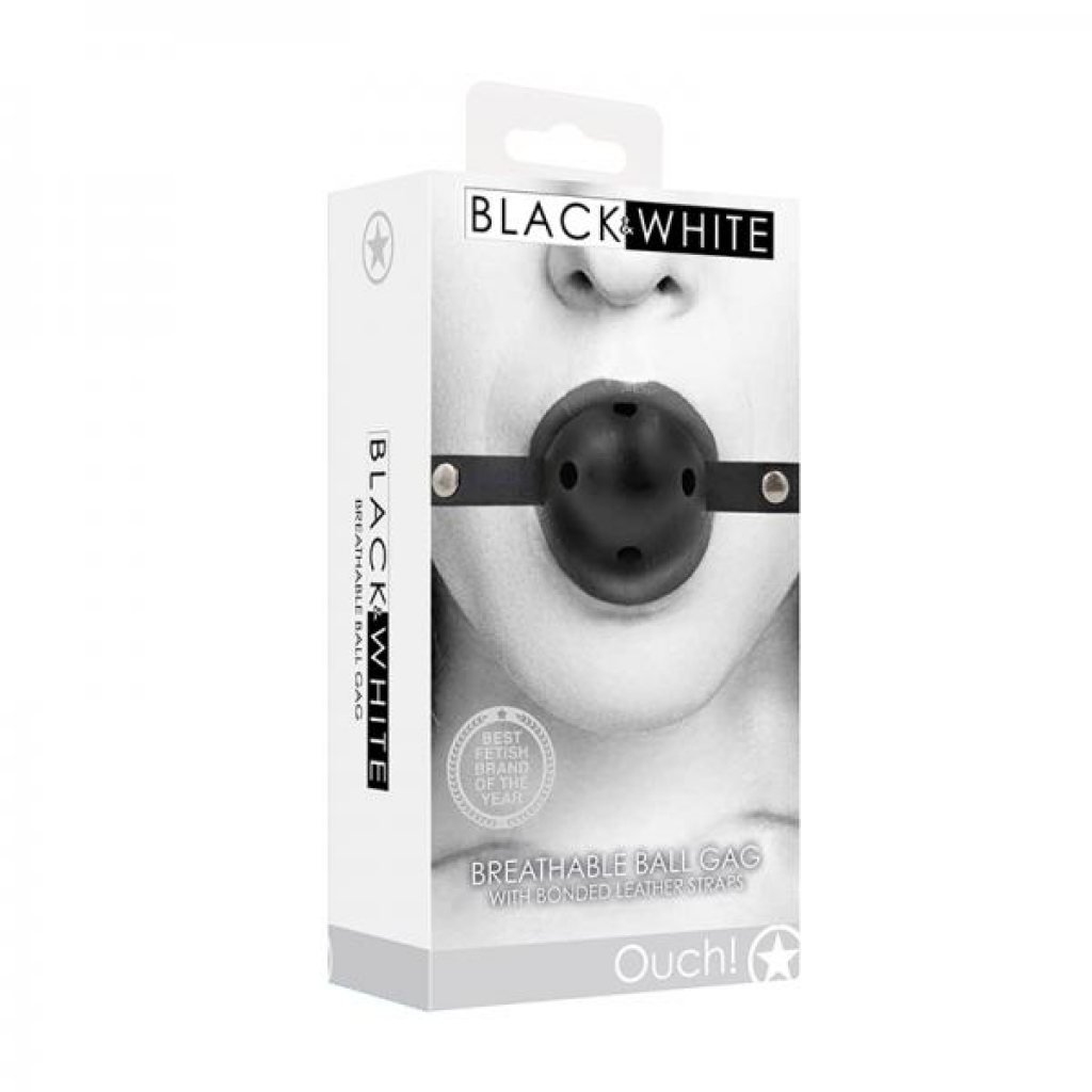 Ouch! Black & White Breathable Ball Gag With Bonded Leather Straps Black - Shots America Llc