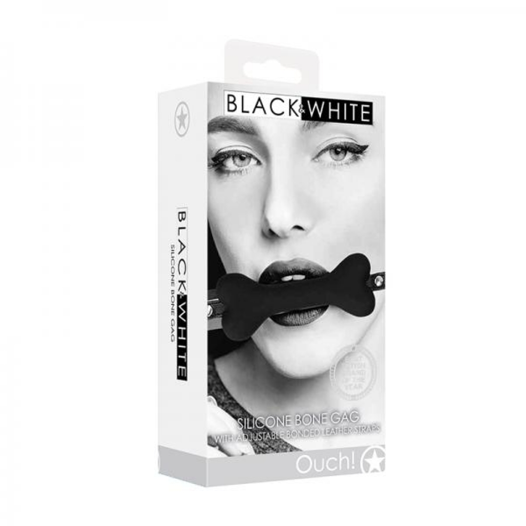 Ouch! Black & White Silicone Bone Gag With Adjustable Bonded Leather Straps Black - Shots America Llc