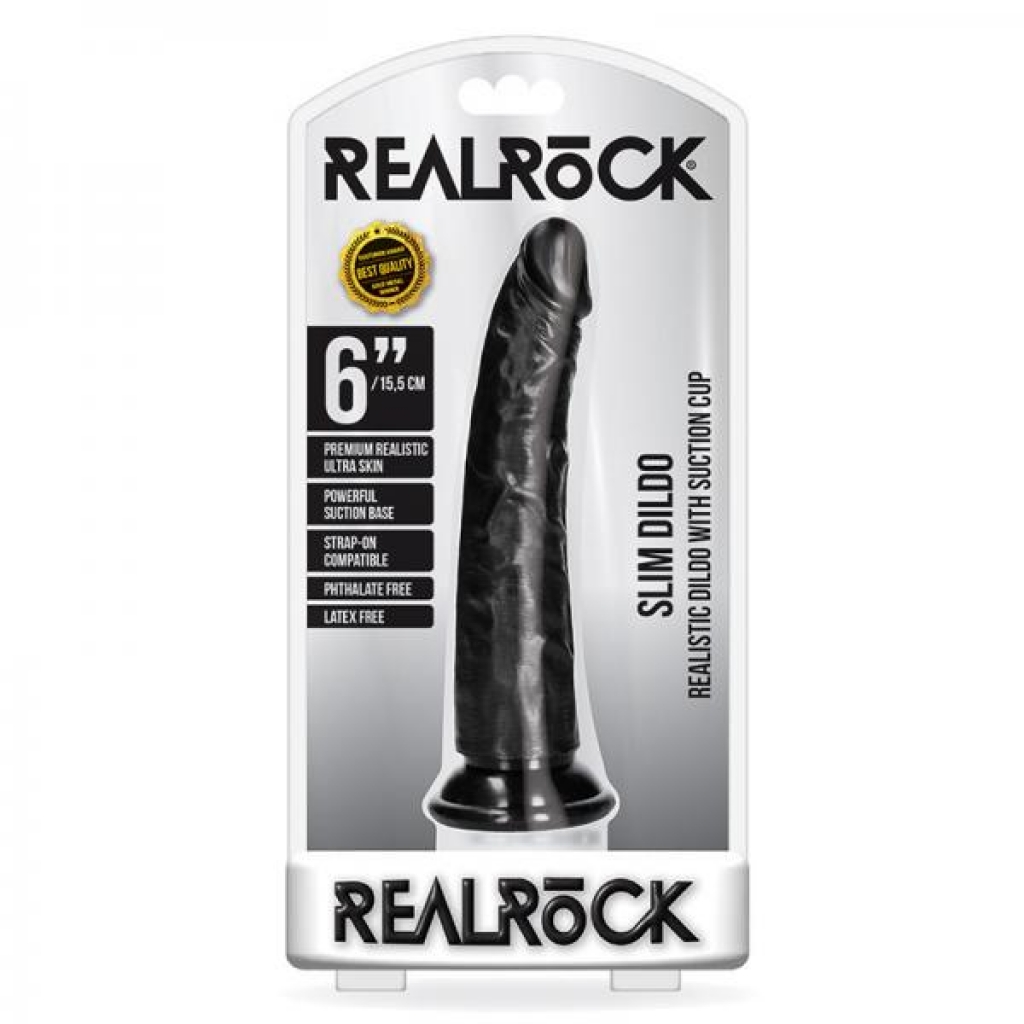 Realrock Slim Realistic Dildo With Suction Cup 6 In. Black - Shots America Llc