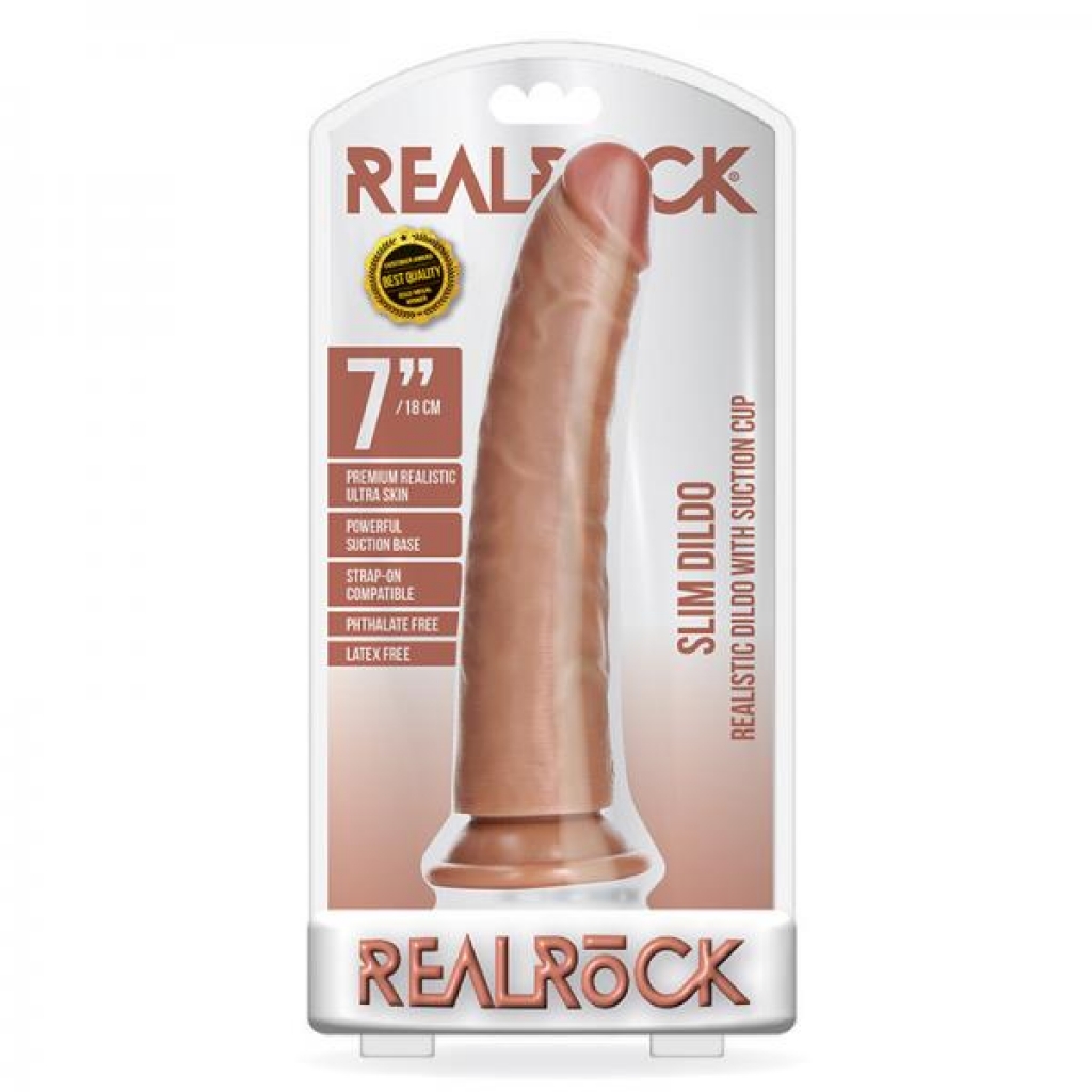 Realrock Slim Realistic Dildo with Suction Cup - 7 inches Caramel