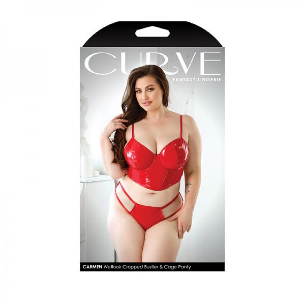 Curve Carmen Wetlook Cropped Bustier & Matching Cage Panty 1x/2x Red - Fantasy Lingerie