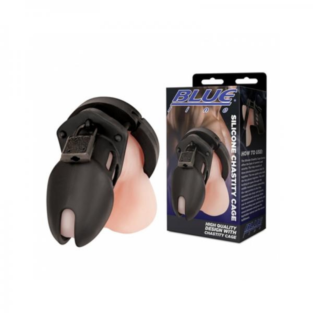 Blue Line Silicone Chastity Cage Black - Electric Eel Inc