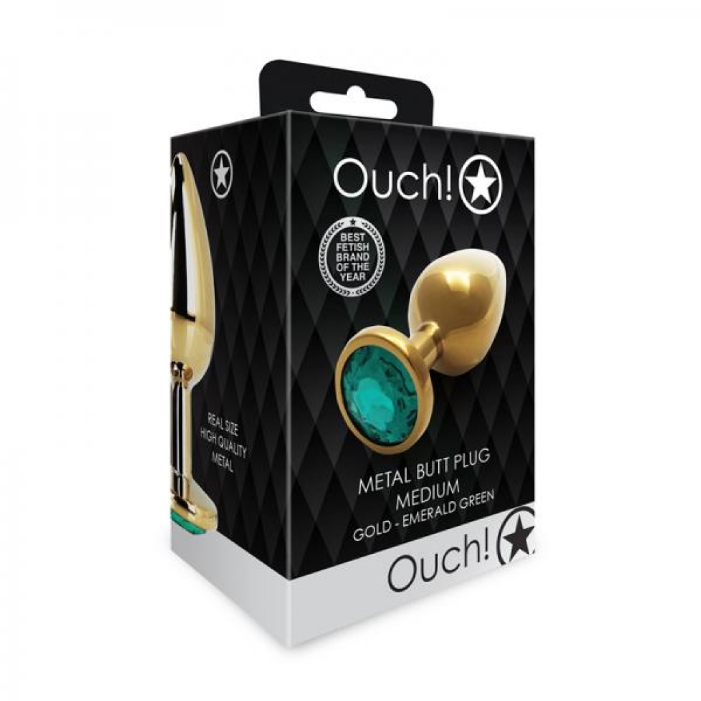 Shots Ouch! Round Gem Butt Plug Medium Gold/emerald Green - Shots America Llc