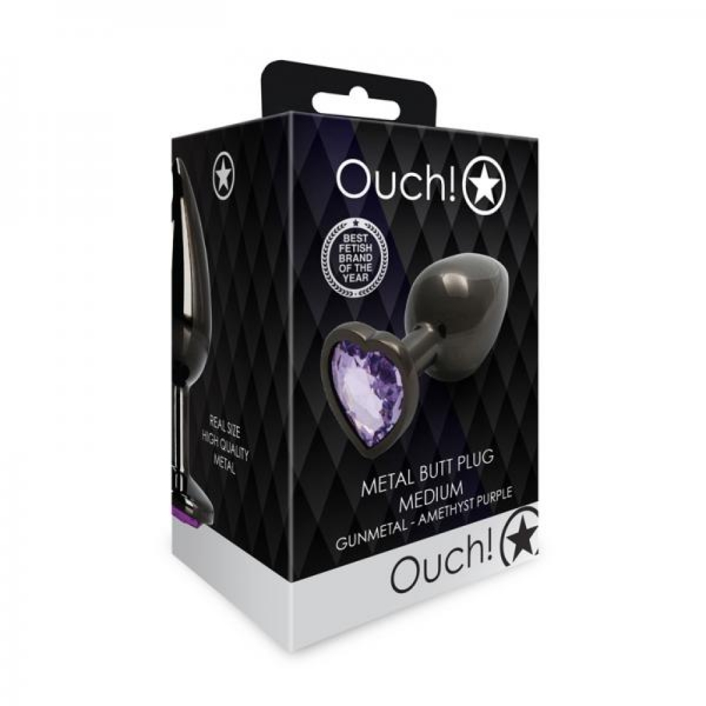 Shots Ouch! Heart Gem Butt Plug Medium Gunmetal/amethyst - Shots America Llc