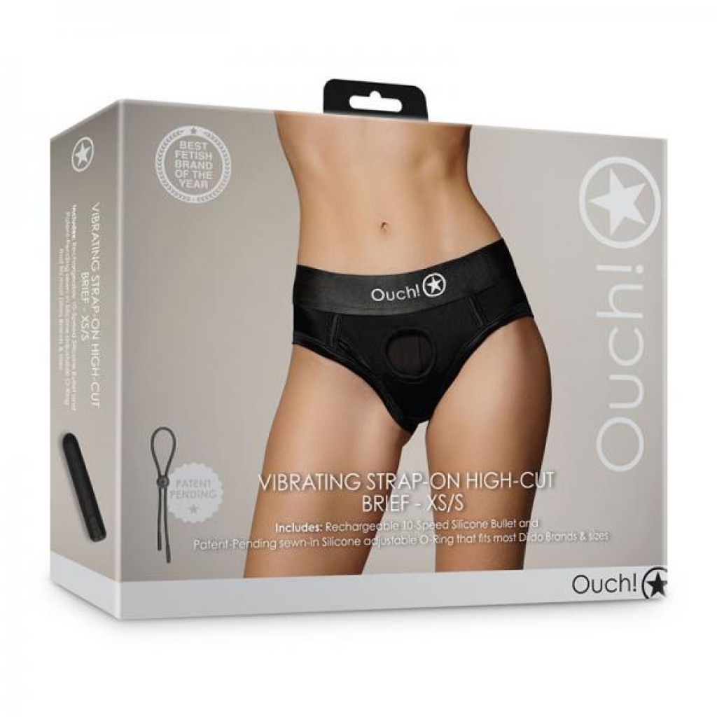 Shots Ouch! Vibrating Strap-On High-Cut Brief in Black