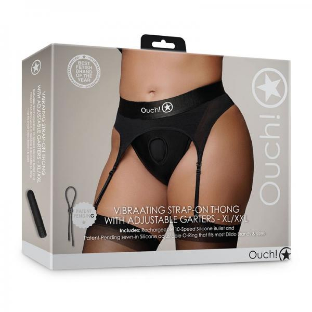 Shots Ouch! Vibrating Strap-on Thong with Adjustable Garters - Black