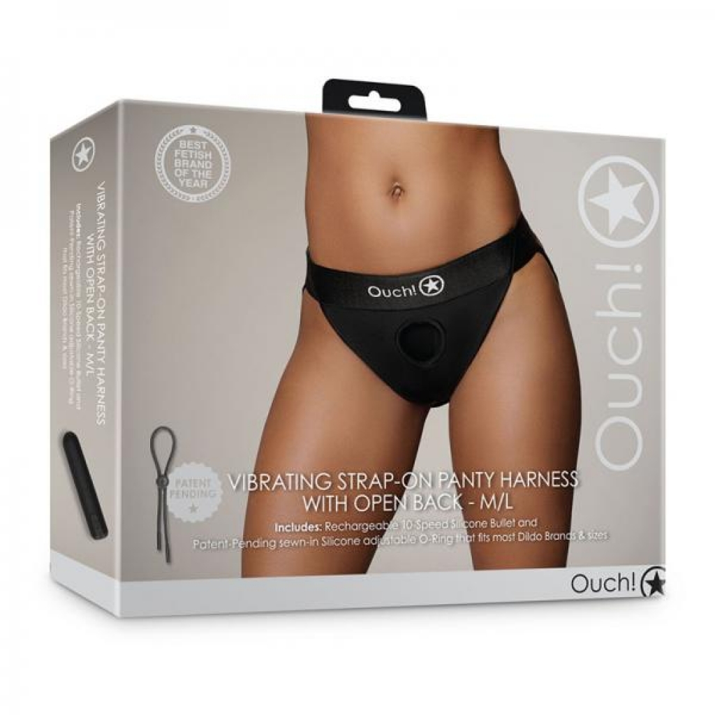 Shots Ouch! Vibrating Strap-On Panty Harness with Open Back - Black