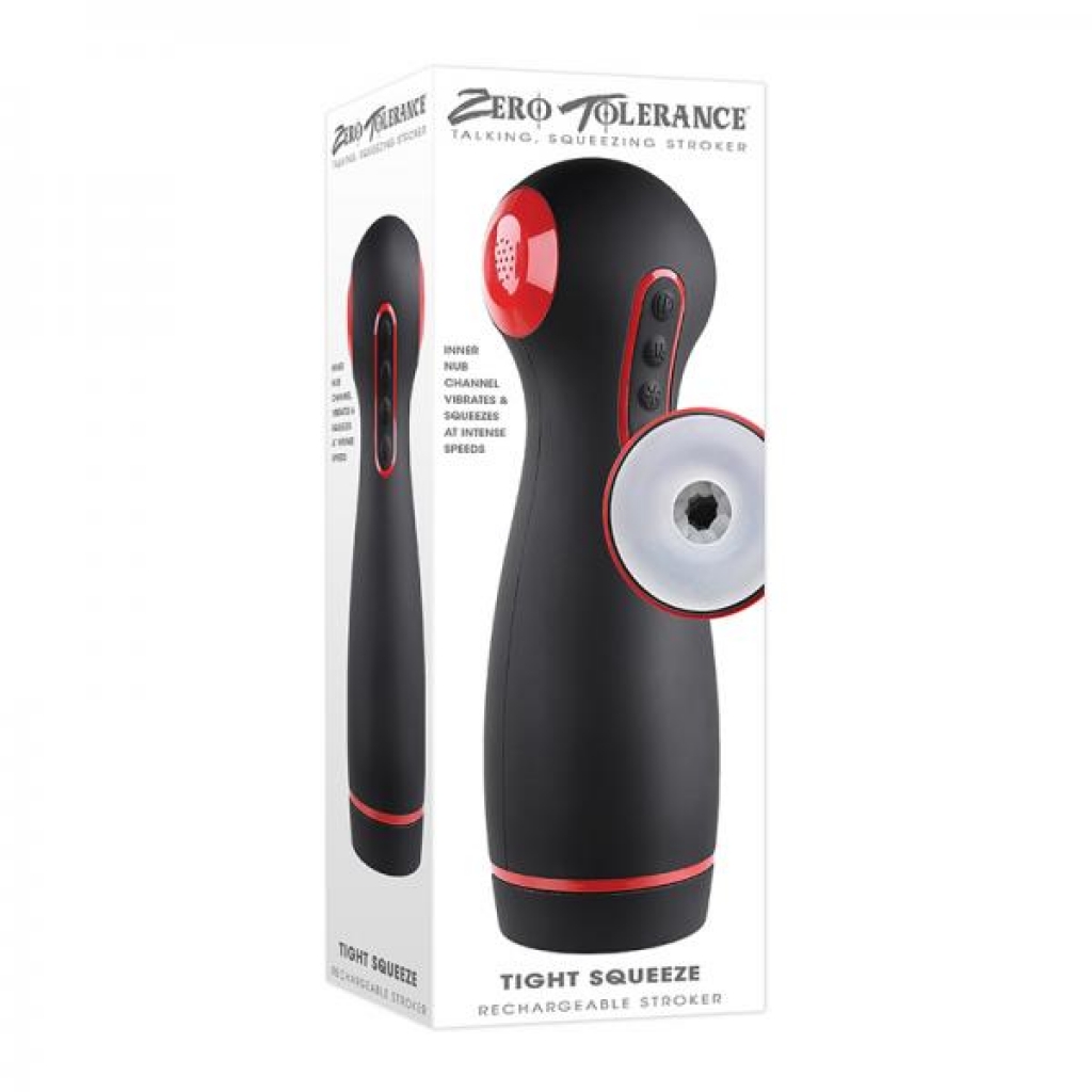 Zero Tolerance Tight Squeeze Rechargeable Vibrating Squeezing Talking Stroker Tpe Black/red - Evolved Novelties