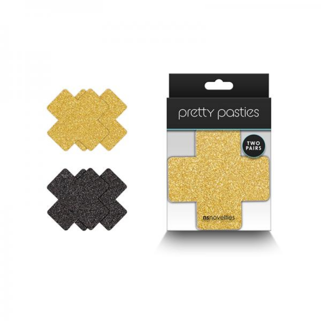 Pretty Pasties Glitter Cross - Black/Gold (2 Pairs)