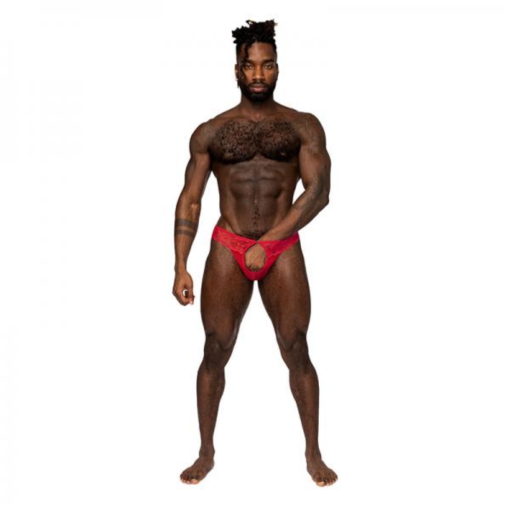 Male Power Sassy Lace Open Ring Thong - Red S/M