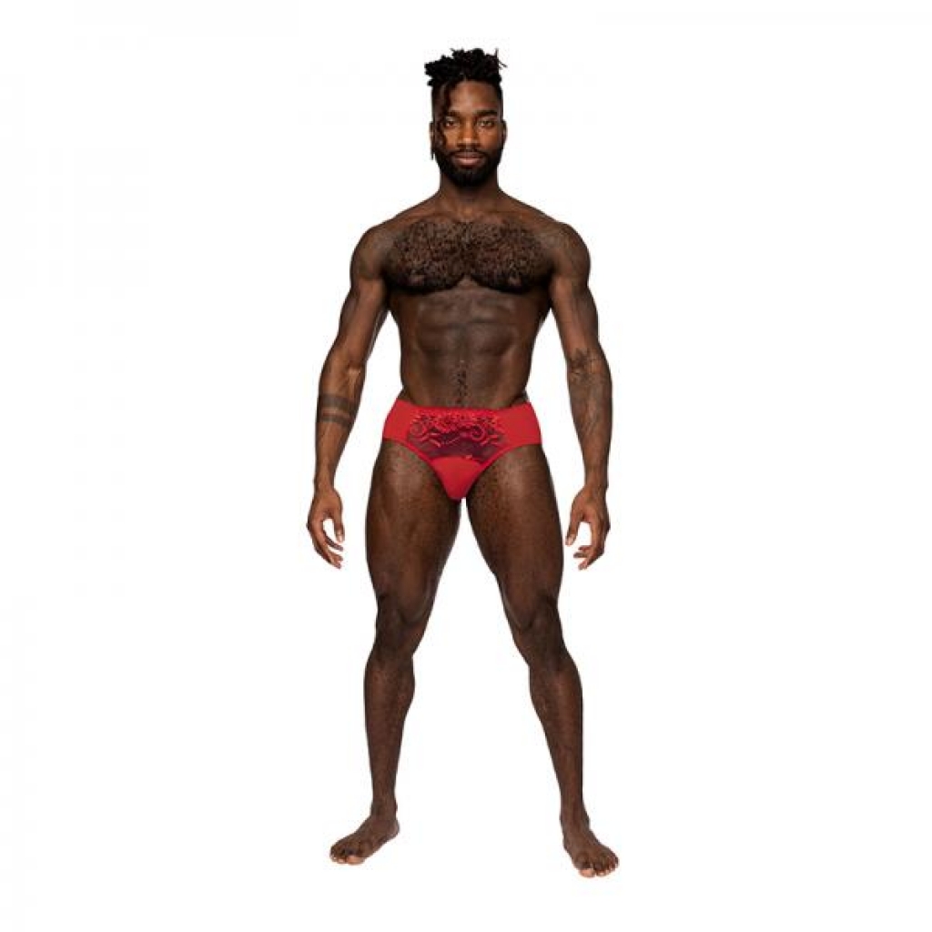 Male Power Sassy Lace Bikini Solid Pouch - Bold Red Design