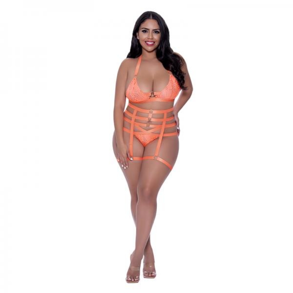 Magic Silk Rude Awakening Bralette, Thigh High Garter & Cheeky Panty Set Neon Orange Queen Size - Magic Silk