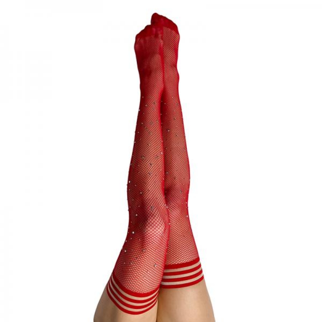 Kixies Red Fishnet Rhinestone Thigh Highs - Size B