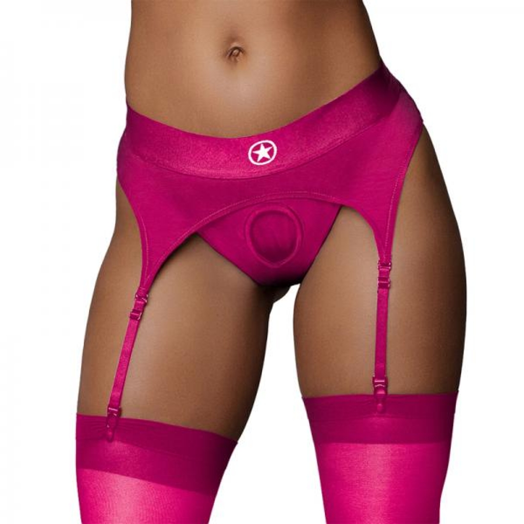 Ouch! Vibrating Strap-On Thong with Adjustable Garters - Pink M/L