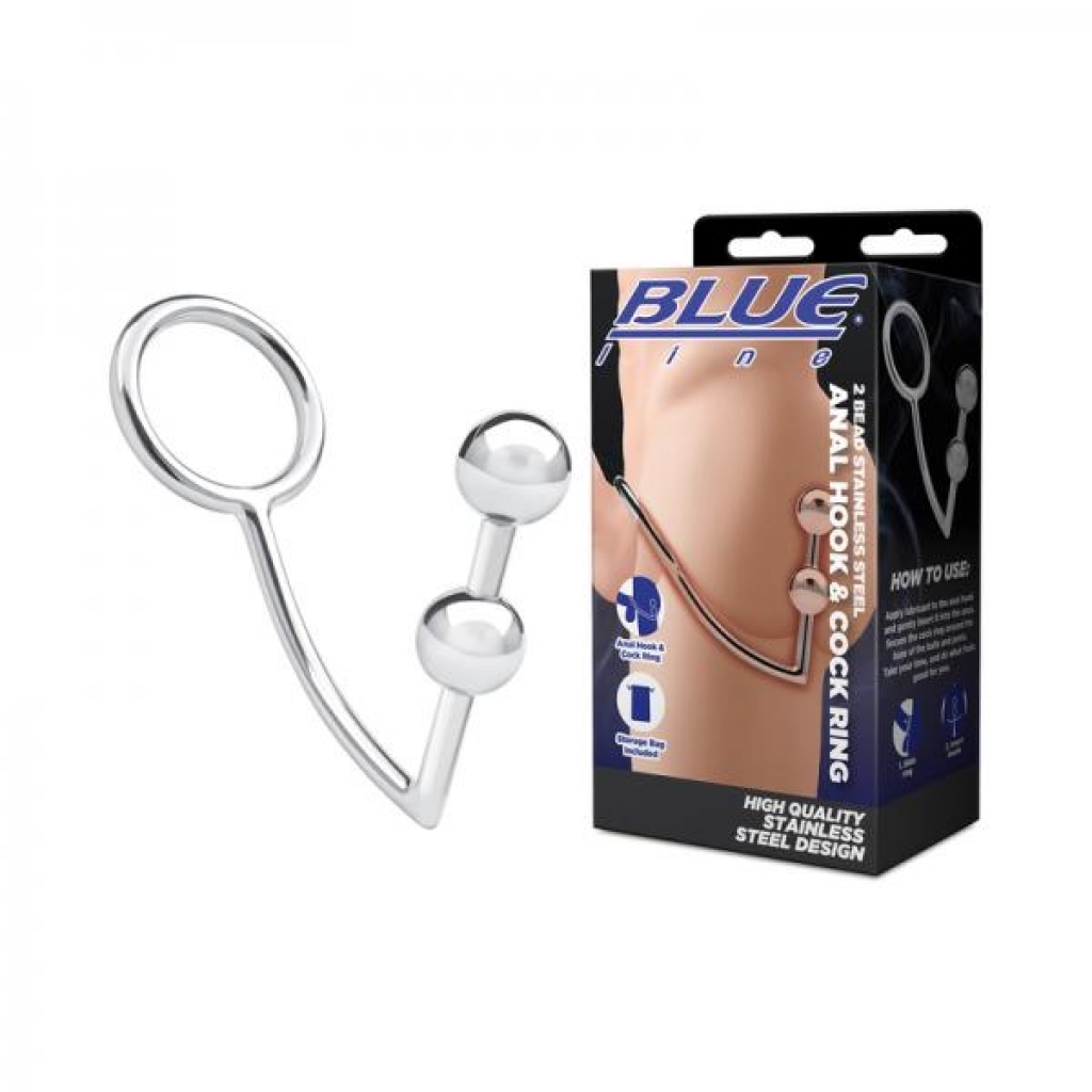 Blue Line 2 Bead Stainless Steel Anal Hook & Cock Ring - Electric Eel Inc