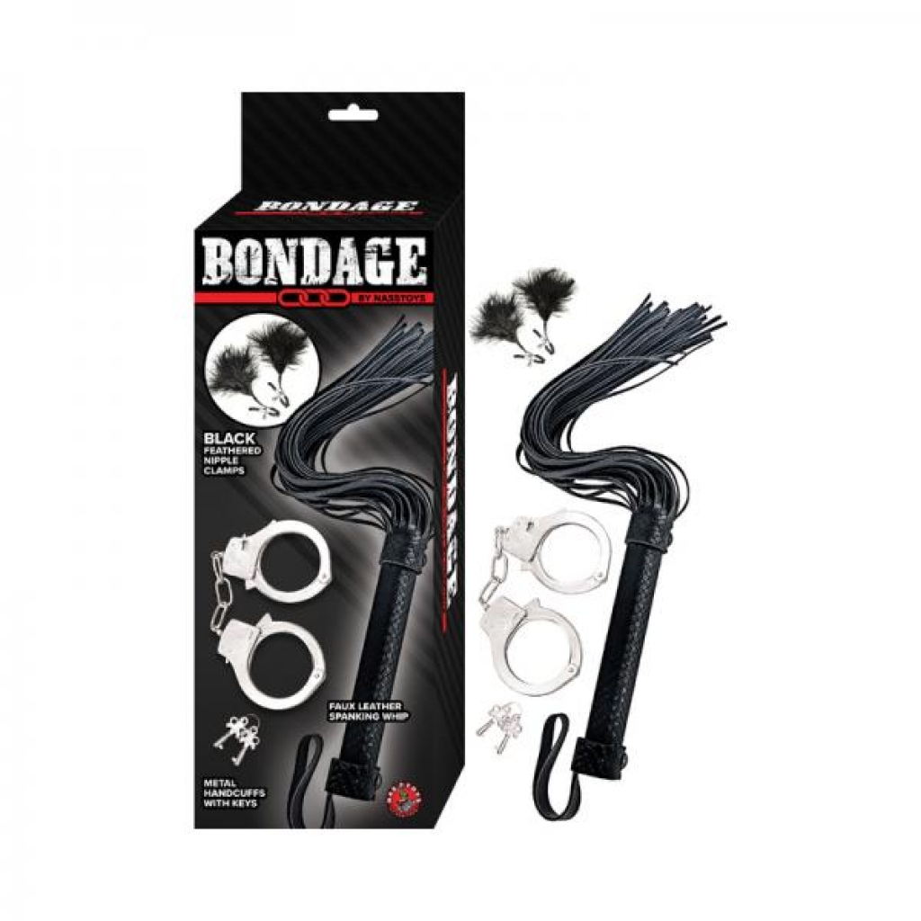 Nasstoys Bondage Kit: Whip, Feather, and Cuffs Set - Black